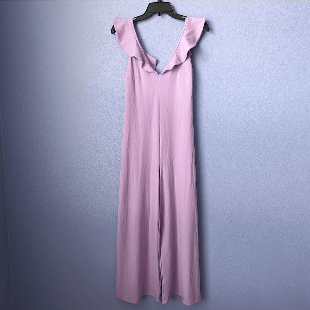 NWT Susana Monaco Violet Jumpsuit Ruffle Shoulder Wide Leg Stretch Nylon Spandex - Picture 6 of 9